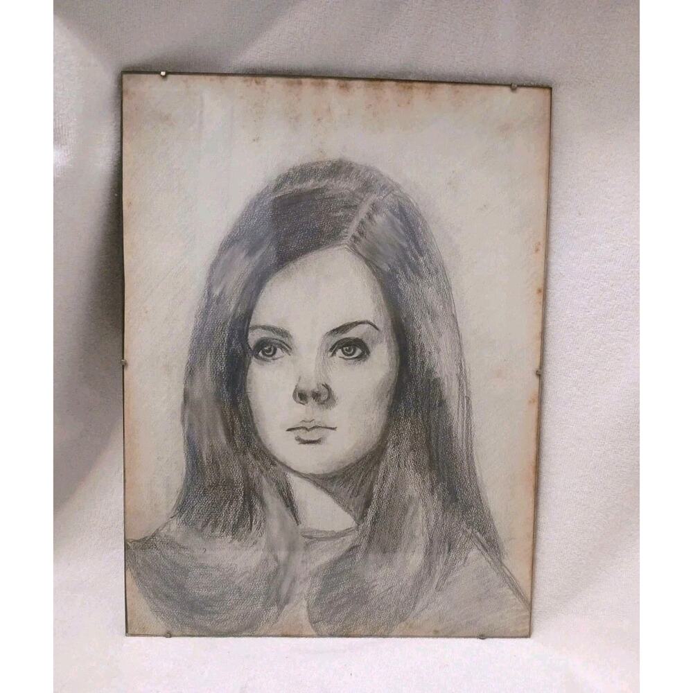 50s Beautiful Lady Portrait Pencil Drawn Original Drawing Art GLASS Lana Del Rey